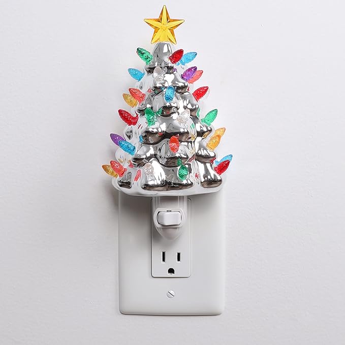 Milltown Merchants Ceramic Christmas Tree Night Light - Plugin with Lights Lighted Vintage Mini Decorative (Silver Tree) 5 Inch