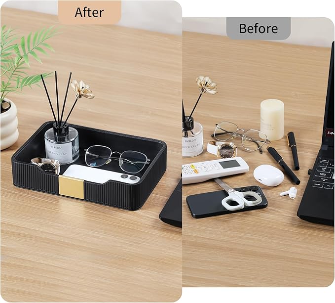Valet Tray Desktop Storage Organizer, PU Leather Catchall Bedside Vanity Tray with Brass Accents Block Nightstand Organizer for Keys Watch Wallet Phone, Decorative Nightstand Storage (Black)