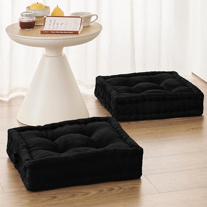 Wellsin Square Floor Pillows for Adults Kids - Meditation Floor Pillow Seating Cushion - Tufted Floor Cushion with Shredded Foam & Velvet Cover, 2 Pack, 20x20 Inch, Black