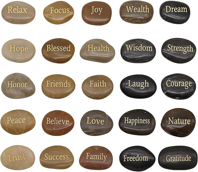 BigOtters Rocks with Inspirational Words, 25 Different Words Encouragement Gratitude Rocks for Meditation Birthday Graduation Gift