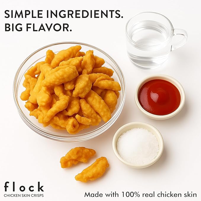 Flock Keto Chicken Skin Chips | Salt and Vinegar Flavor | Low Carb, High Protein, Sugar Free, Gluten Free Fried Chicken Skins for People | (2.5oz) 4-Pack Crispy Flock Chips