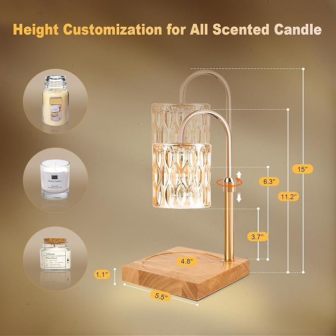 Candle Warmer Lamp, Candle Warmer Light with Timer & Dimmer, Candle Warmer Lamp Adjustable Height, Compatible with Jar Scented Candles, Candle Warming Lamp with 3 Bulbs for Home Decor