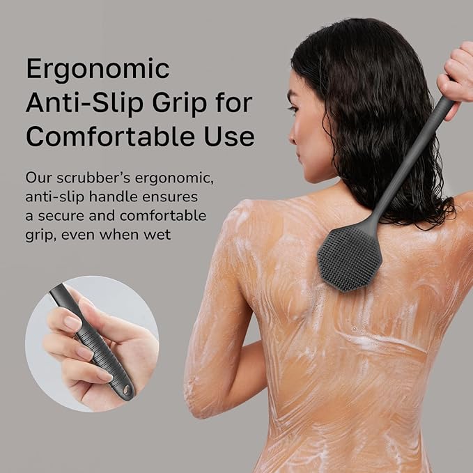 Silicone Back Scrubber with Long Handle - Octagon Body Brush for Shower, Bath, and Exfoliating - Skin Cleansing, Back Scrub and Gentle Silicone Sponge - Wash Your Body with Easy Reach - Silver