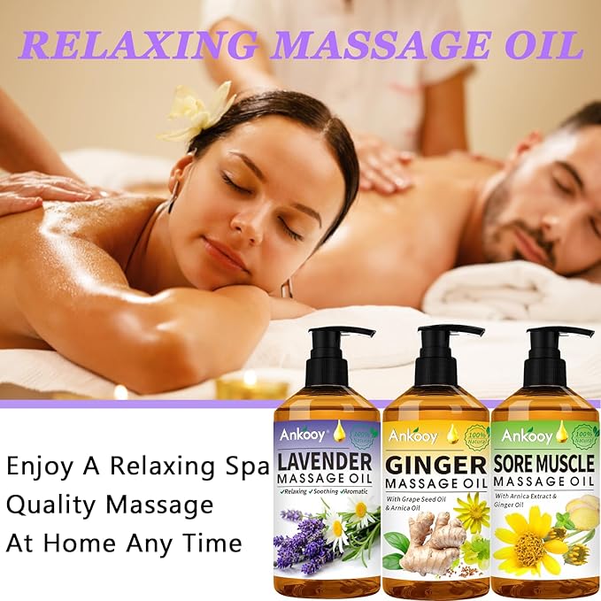 3 Pack Massage Oil for Massage Therapy,Sore Muscle Arnica Oil & Relaxing Lavender Oil & Ginger Oil Lymphatic Drainage & Massage Ball,Spa Massage Kit Christmas Gifts Stocking Stuffers for Men Women