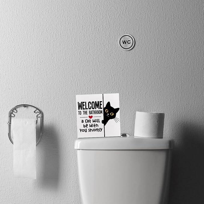 Funny Cat Bathroom Decor White Wooden Box Decorative Signs, Humorous Decorations for Bathroom Home Shelf, Wood Box Sign Cat Lover Gifts for Women Men Friends, 5.1x5.1Inch