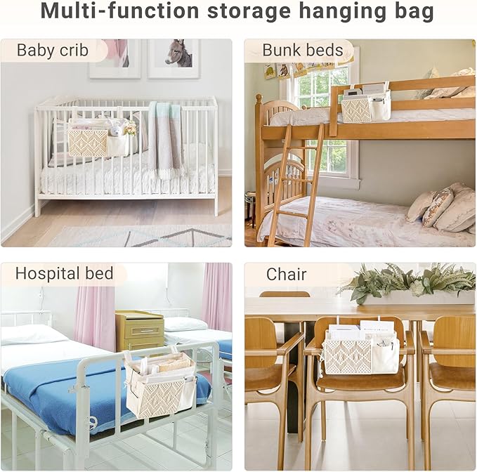 Mkono Bedside Caddy Hanging Organizer, Boho Macrame Storage with Fixed Straps and Hooks, 4 Pockets Holder Remote Magazine Accessories for Home Loft Bunk Bed, Dorm, Hospital Beds