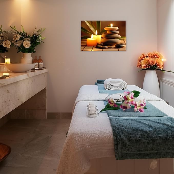 Zen Canvas Wall Art Candles Stones Pictures Print Spa Serene Still Life Painting Meditation Framed Artwork for Spa Yoga Room Bathroom Decor(Artwork-1,12"x18")