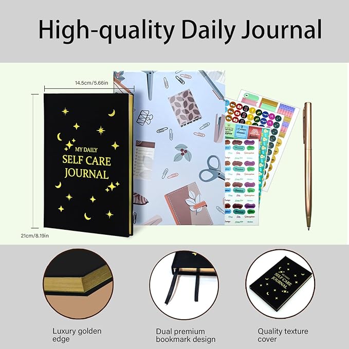 Gratitude Journal, Daily Reflection Journal for More Happiness, Mindfulness & Affirmation, Self Care Journals for Women & Men, 6 Inspirational Stickers and Ballpoint Pen, Black