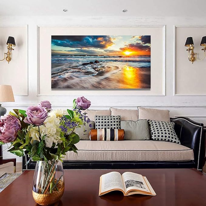 Yxbhhym-Large Ocean Wall Art for Living Room Canvas Beach Painting Sunrise Print Art Sunset Seascape Wall Pictures Yellow Sea Waves Poster Decoration Office Kitchen Wall Décor Bedroom Accessories