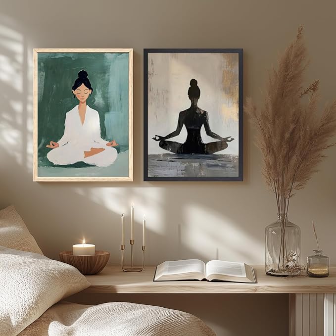 GELDSTEI Wood Framed Zen Wall Art, Modern Yoga Girl Canvas Painting, Tranquil Meditation Wall Decor, Spiritual Aesthetic Picture, Calming Mindfulness Poster Prints for Living Room Spa Yoga 12"x16"