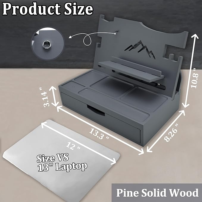 Nightstand Organizer for Men with Large Drawer, Birthday Gifts for Men, Phone Docking Station, Bedside Organizer for Nightstand for Apple Watch, Laptop (Grey, Solid Wood)