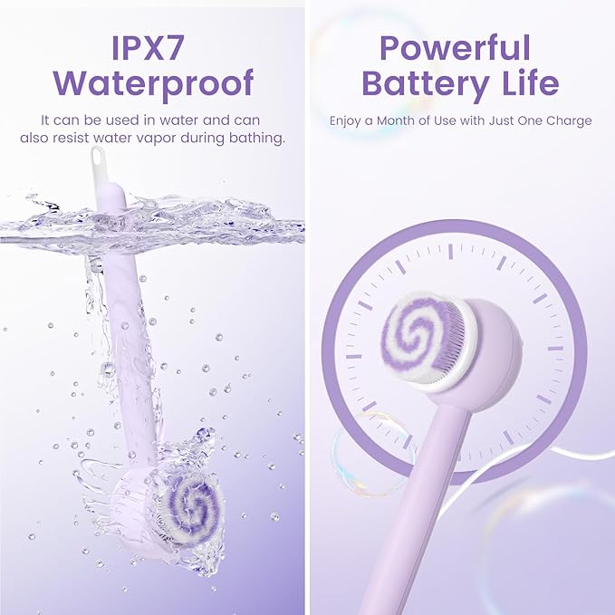 Electric Back Scrubber for Shower Body Brush, Waterproof Shower Body Scrubber for Cleansing, Massaging, Rechargeable Bath Brush for Kids & Adults with 2 Heads & 3 Speed Modes, Taro Purple XY0