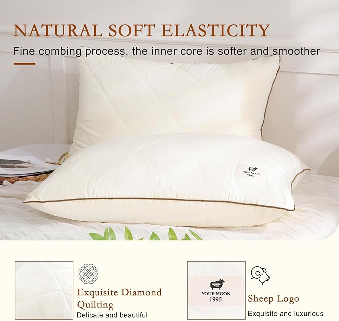 YOUR MOON Organic Wool Pillow King Size, Soft Breathable Support Bed Pillows for Sleeping, Luxury Down Alternative Pillow for Side & Back Sleepers, 100% Cotton Cover, Natural Wool Filling (Off White)