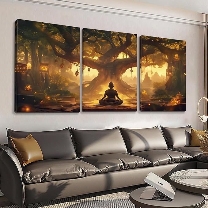 WithHope 3 Piece Buddha Canvas Wall Art, Buddha Home Decor, Buddhist Decorations, Zen Canvas Wall Art, Tree of Life Artwork, Zen Decorations, Modern Painting, Living Room Decor (16" x 24" x 3 pcs)
