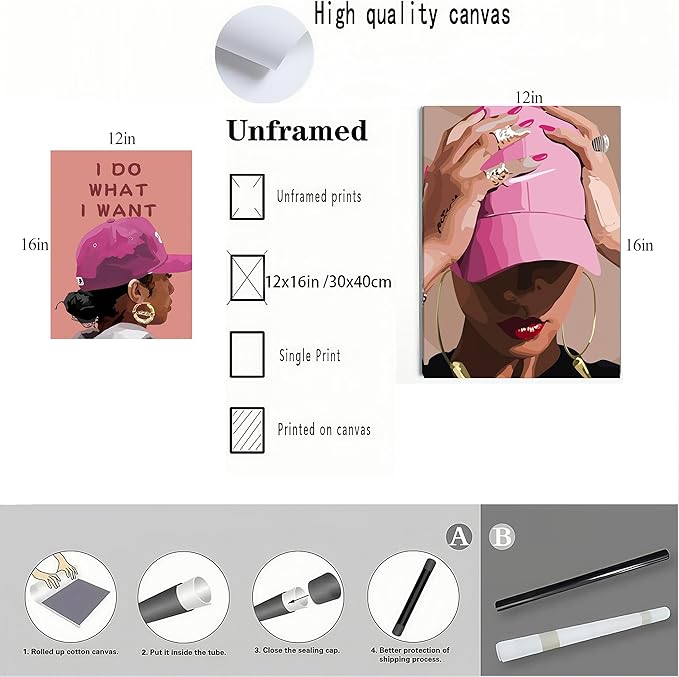 Unframed Black Girl Canvas Wall Art pink trend American Black Woman Posters Prints Wall Decor Pictures for Home Living Room Bedroom study Decoration,Unframed12 x 16inches X3piec