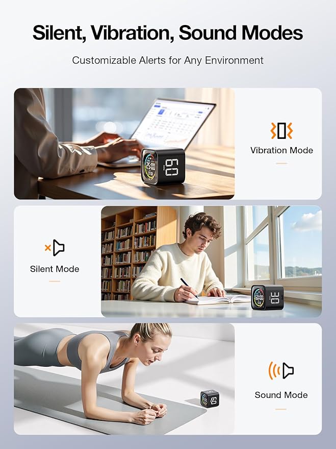 TK3 Pomodoro Timer Cube, Desk Productivity Timer with 5/10/30/60 Min Presets, Custom Countdown, Stopwatch, Clock, 3 Alarm, Silent, Vibrate & Sound Alert, for Task, ADHD, Study, Kitchen, Black