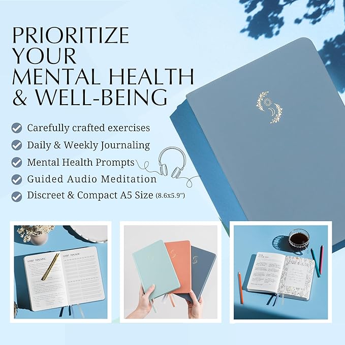 FINDING BALANCE Mental Health Journal β 6-Month Daily Journal with Prompts for Mindfulness, Self-Care & Healing β Anxiety & Depression Relief β Blue Hardcover