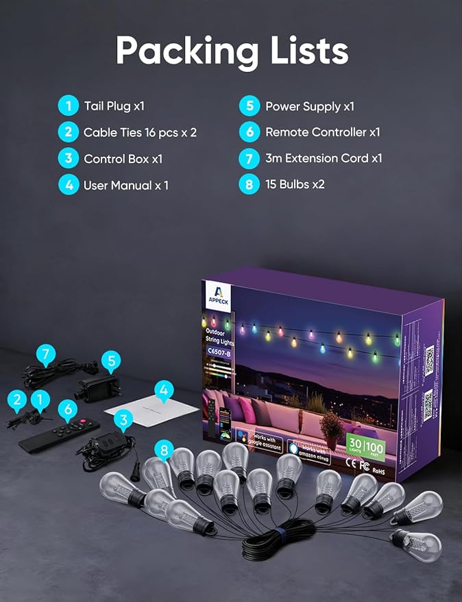 APPECK Smart Outdoor String Lights, 100ft Smart RGBW Outdoor Patio Lights with 30 LED Bulbs, Extendable, 111 Scene Modes, IP65 Waterproof Lighting for Outside, Halloween Decor, Compatible with Alexa