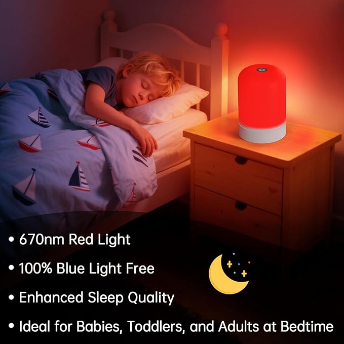 Red Light Therapy Lamp for Sleep & Relaxation – 670nm Bedside Night Light with Touch Control, Dimmable LED Lamp for Bedroom | Cordless, Rechargeable, Portable Design for Travel & Home Use