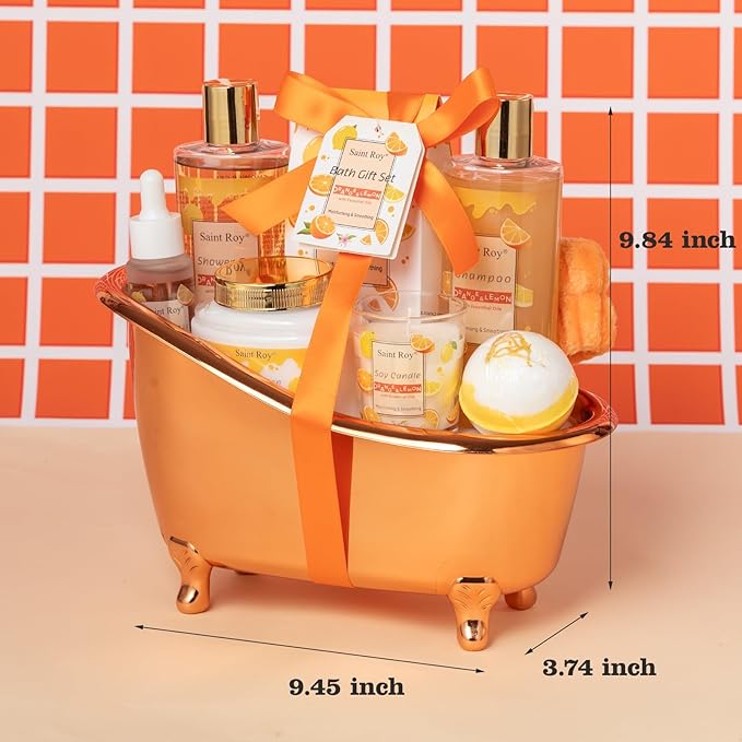 Orange Scents spa gift set Great Gift Lemon Spa Gifts for girls, Body care Set Birthday Gifts, Gift Baskets for Woman, 11pcs Bath Gift Set for Women, Christmas Gifts for Women Citrus Spa Gift Basket