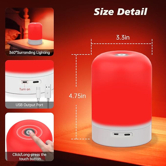 Red Light Therapy Lamp for Sleep & Relaxation – 670nm Bedside Night Light with Touch Control, Dimmable LED Lamp for Bedroom | Cordless, Rechargeable, Portable Design for Travel & Home Use