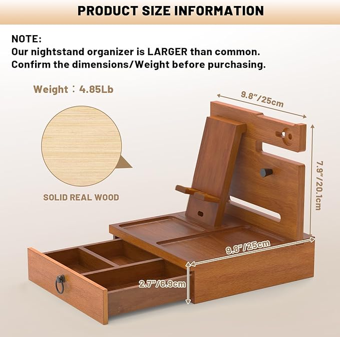 Wood Phone Docking Station, Nightstand Organizer with Drawer, Bedside Table Organizer for Watch & Accessories, Christmas Anniversary Birthday Gifts for Men,Dad,Husband