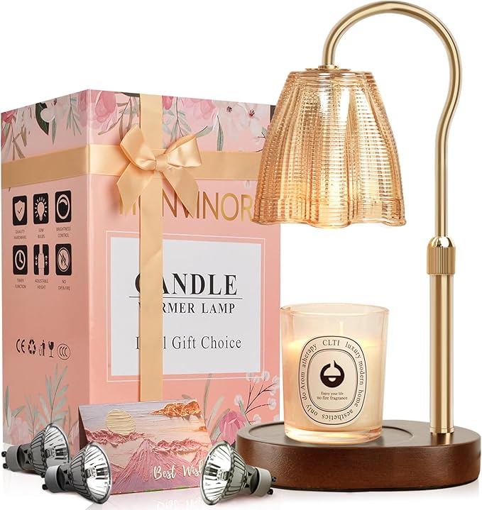 Candle Warmer Lamp with Timer & Dimmer, Candle Warmer Height Adjustable, Fits All Jar Scented Candles, Candle Lamp with 3 Bulbs, Charming Gift Box with Ribbon for Gifting