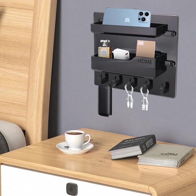 Bedside Shelf Wall Mount, Adhesive Bedside Shelf Accessories Organizer with Hooks and Cable Clips,Dorm Bedside Wall Storage for Phone, Remote, Earphone, Kindle,Plastic (5 Hooks Style-Black)