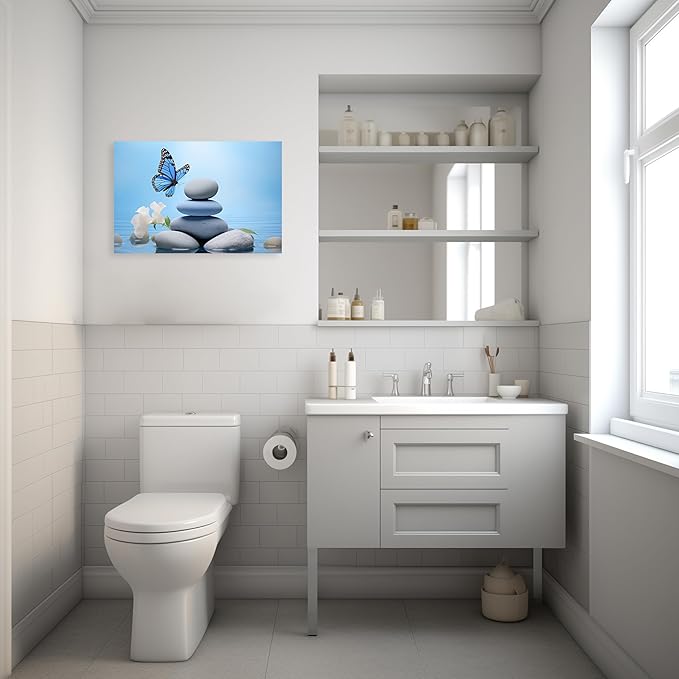 ARTZGX Zen Wall Art for Bathroom Zen Stone Picture Blue Butterfly Painting Still Life Artwork for Yoga Room Decor Frame(Zen - C 24.00" x 36.00")