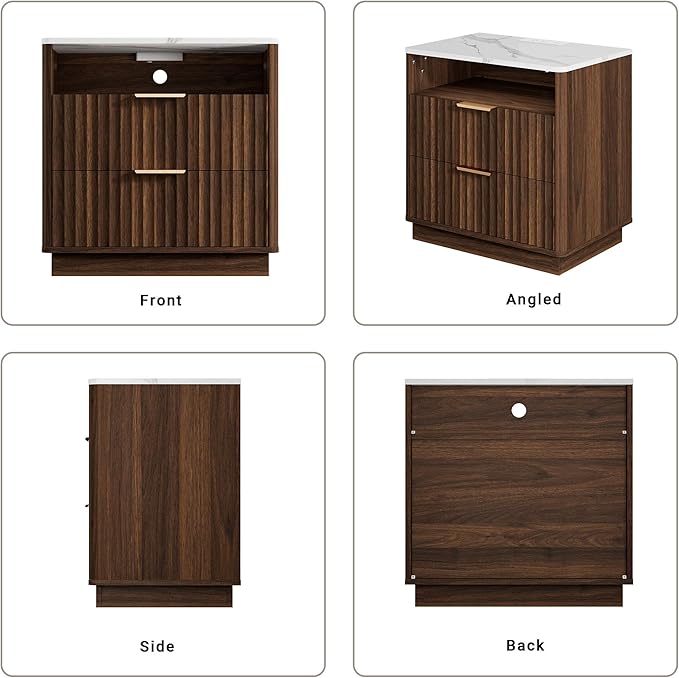 Large Fluted Nightstand Set of 2 with Charging Station, 23" Modern End Table with Faux Marble Top, 2 Drawers Side Table with Storage, for Bedroom Living Room, Curved Profile Design(Walnut)