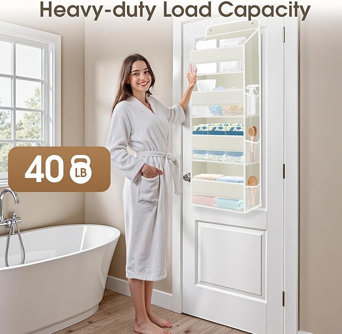 2 Pack Over The Door Organizer, Hanging Storage Organizer with Clear Window, 40lb Ultra Sturdy Large Capacity Room Organizer for Pantry Laundry Bathroom Nursery Closet (Beige)