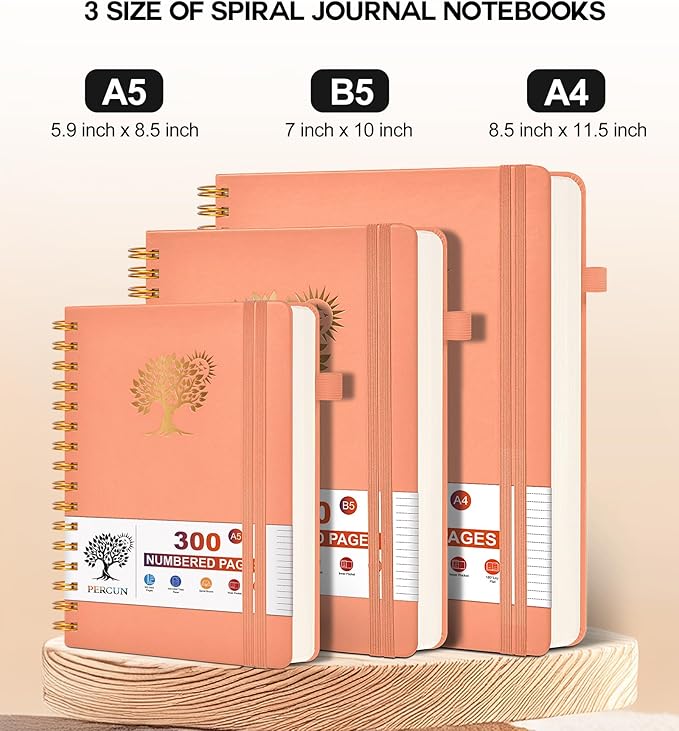 Large Spiral Notebook Journal for Women Men - 300 Numbered Lined Pages, College Ruled,B5 Hardcover Spiral Bound Notebook for School, Work, Note Taking, Writing, Leather Spiral Journal 7"x10"