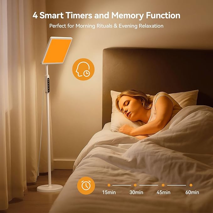 12,000 Lux Light Therapy Lamp, Full Spectrum Sunlight Lamp, UV-Free Sun Lamp with Remote Control/4 Color Temp/5 Brightness/4 Timer, 3 Height Adjustable Floor Lamp for Home Office, Living Room, Bedroom