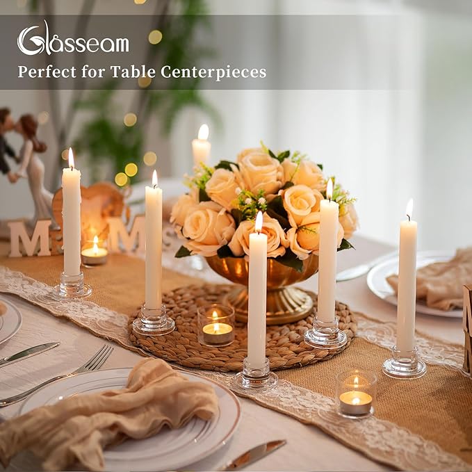 Glasseam Glass Tapered Candlestick Holders: Small Taper Candle Holders Set of 4 Clear Candle Sticks Holder for Table Centerpiece Short Modern Candle Holder for Wedding Christmas Home Decoration