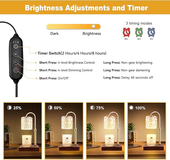 Candle Warmer Lamp, Candle Warmer Light with Timer & Dimmer, Candle Warmer Lamp Adjustable Height, Compatible with Jar Scented Candles, Candle Warming Lamp with 3 Bulbs for Home Decor