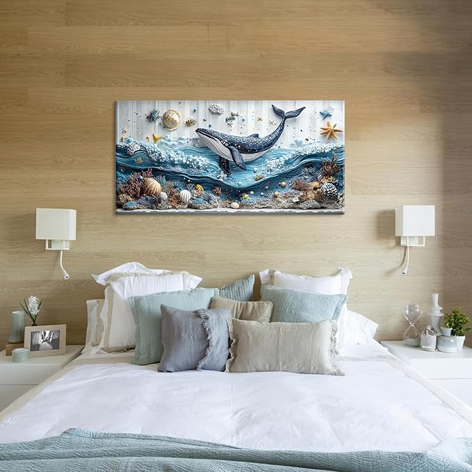 ZESTRILIA Ocean Whale Wall Art for Kids Room Navy Blue Marine Organism Underwater World under the Sea Canvas Painting Prints Artwork Family Living Bedroom Decor Large (46x23 Inches)