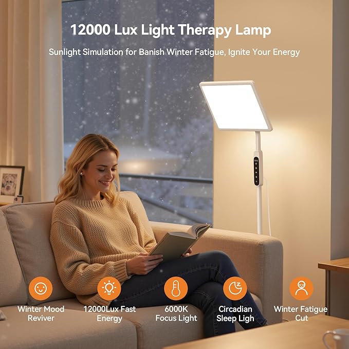 12,000 Lux Light Therapy Lamp, Full Spectrum Sunlight Lamp, UV-Free Sun Lamp with Remote Control/4 Color Temp/5 Brightness/4 Timer, 3 Height Adjustable Floor Lamp for Home Office, Living Room, Bedroom