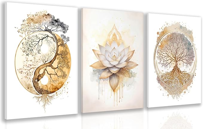 GELDSTEI Tree of Life Wall Art, Calming Zen Wall Decor, Abstract Yin Yang Tree Canvas Painting, Modern Gold Lotus Flower Meditation Poster Print for Living Room Yoga Room Bedroom Framed 12"x16"x3