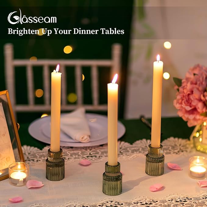 Glasseam Taper Glass Candlestick Holder: Green Candle Stick Holders Set of 2 Small Candle Holders for Candlesticks Vintage Crystal Tapered Candle Holder for Wedding Table Centerpiece Christmas Advent