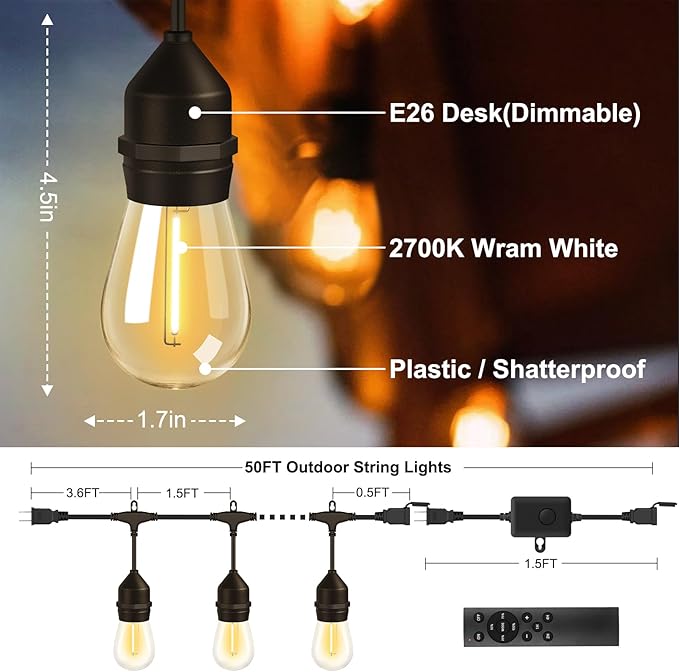 50FT Outdoor String Lights with 32+2 Bulbs (1.5FT Bulbs Spacing), Remote & Dimmer, Commercial Patio String Lights with 3 Mode Light & Timing, IP65 Waterproof, 50PC Mounting Ties for Outside