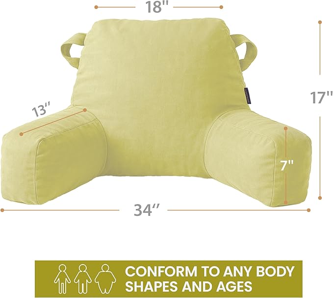 Portable Comfy Reading Pillows for Bed Sitting Up(Yellow Oeko-Tex), Velvet Back Pillow with Arms & Pockets for Adults, Support Memory Foam Bed Pillow for Dorm/Reading/Watching/Gaming