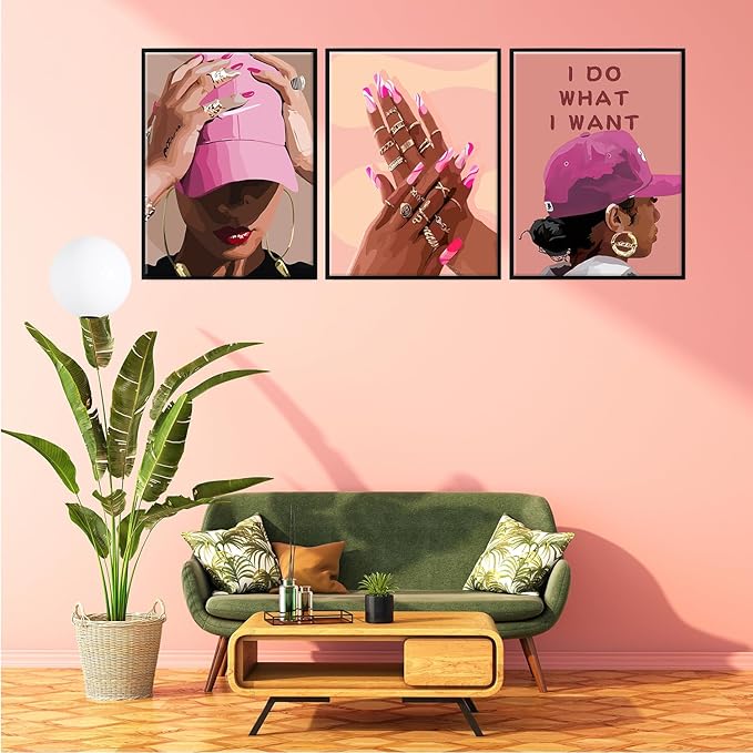 Unframed Black Girl Canvas Wall Art pink trend American Black Woman Posters Prints Wall Decor Pictures for Home Living Room Bedroom study Decoration,Unframed12 x 16inches X3piec