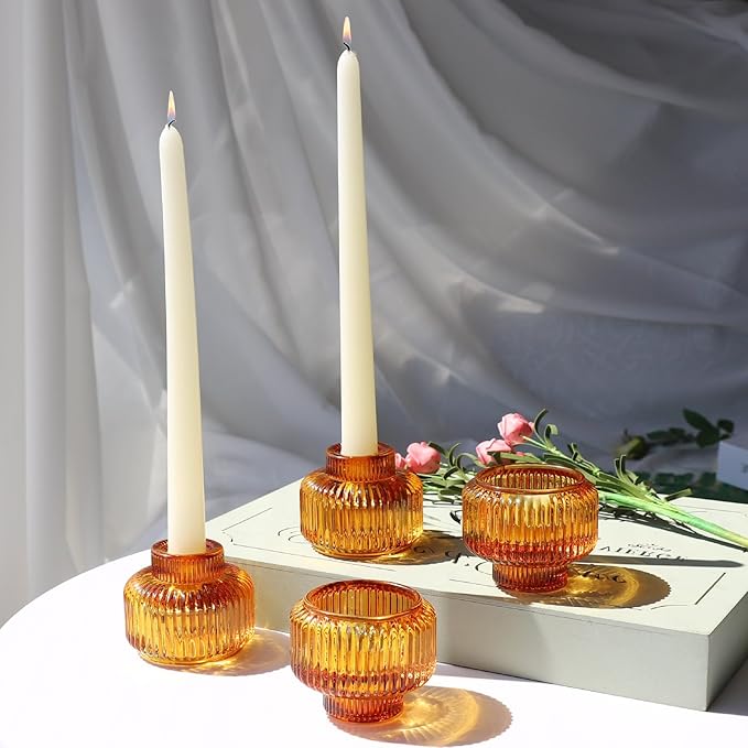 Woho Candlestick Holders Set of 8 for Taper/Votives/Tealight Candles, Amber Taper Candle Holders for Fall Wedding Decor, Ribbed Glass Candle Sticks Holder Decor for Dinner Table/Holiday Party