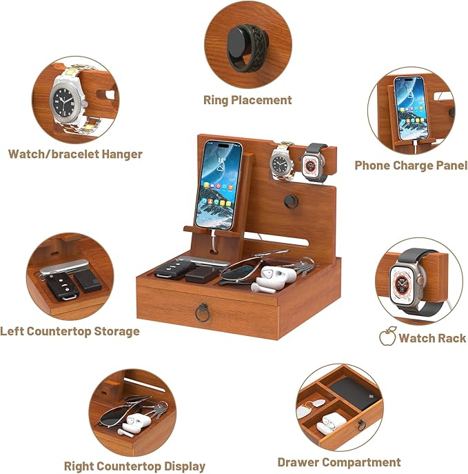 Wood Phone Docking Station, Nightstand Organizer with Drawer, Bedside Table Organizer for Watch & Accessories, Christmas Anniversary Birthday Gifts for Men,Dad,Husband
