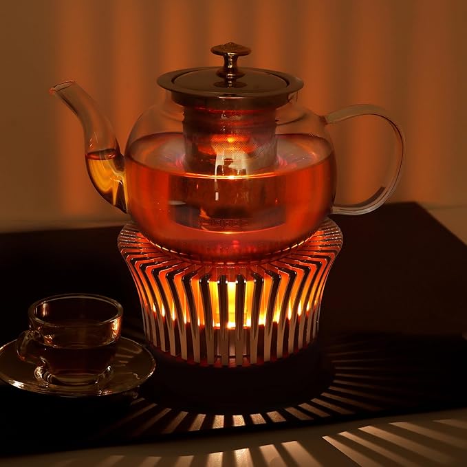 Tea Warmer with Magnolia Flower Design, JUKFITA Golden Aluminum Alloy & Wood Teapot Warmer, Tall