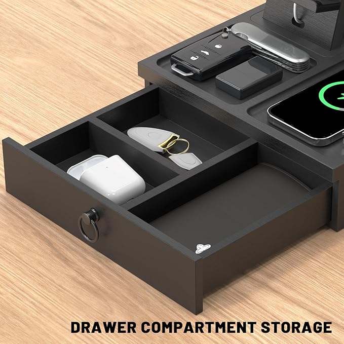 Wood Phone Docking Station with USB Ports and Outlets, Nightstand Organizer with Charging Station, Bedside Organizer with Drawer for Watch & Accessories, Christmas Anniversary Birthday Gifts for Men