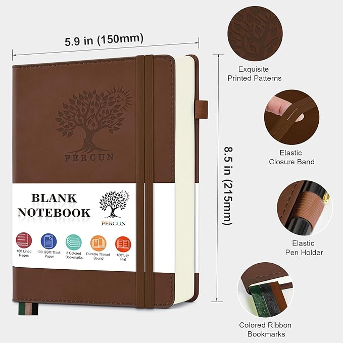 Blank Journal Ntebook for Men & Women, 160 Pages Blank Journals for Writing, Drawing,Sketch Book,5.9" x 8.5" Leather Sketchbook, Unlined Notebook for Work, School, Art - Brown