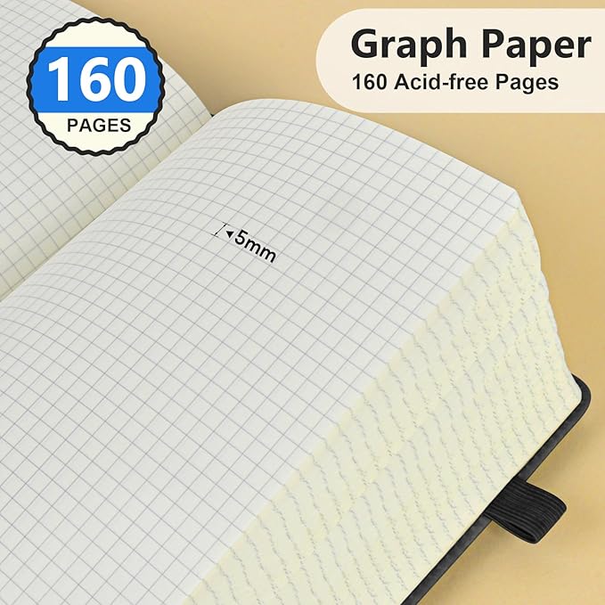 Graph Paper Notebook, 160 Pages Grid Journal for women & men, A5 Hardcover Leather Graphing Notebook for School, Work, Travel, Note Taking 5.9”x8.5” (Black)