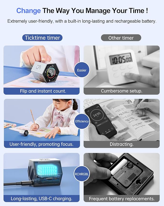 Ticktime Pomodoro Timer Cube, Hexagon Productivity Timer, Pause & Resume, Silent & Adjustable Sound Alert, for ADHD, Task, Work, Study, 3/5/10/15/25/30min & Custom Countdown - Gray