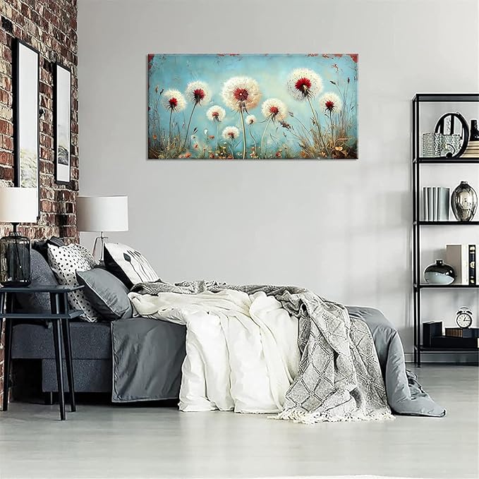 ZESTRILIA Dandelions Wall Art Retro Canvas Prints Modern Rustic Canvas Paintings Waterproof Artwork Landscape Picture for Country Farmhouse Living Room Bedroom Home Office Kitchen Décor (23x46inch)